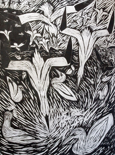 Gannets - woodcut by Paul Bloomer