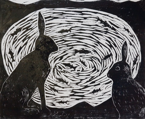 Winter Hares - woodcut by Paul Bloomer