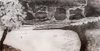 Colin piping on Wikininnish Beach, Vancouver Island, etching by Richard Rowland