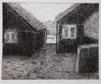 Grass roofs Torshavn etching aquatint, by Richard Rowland