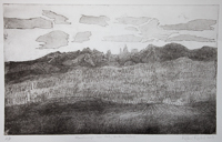 Mountainscape near Hals etching monoprint, by Richard Rowland